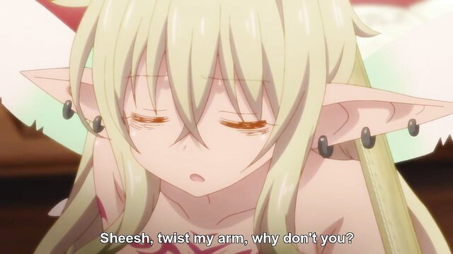 Blonde elf girl with piercings from Interspecies Reviewers hentai, pained expression