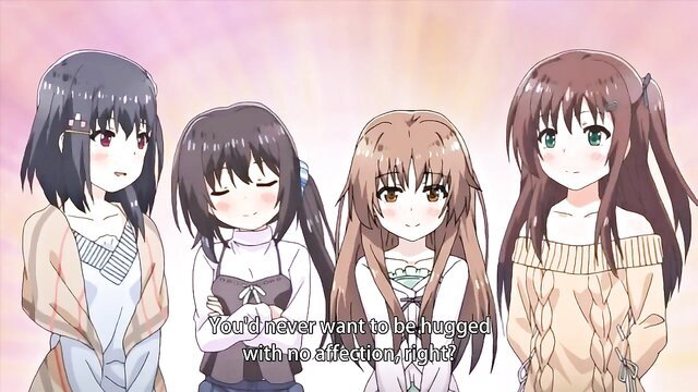 4 cute anime girls in sweaters hugging, craving affection in hentai