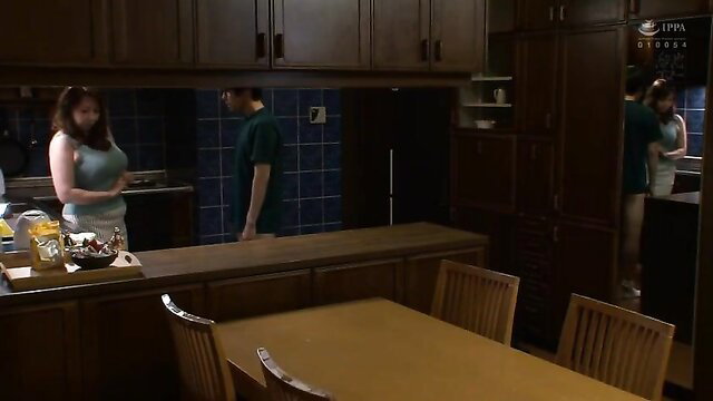 Japanese plump MILF in tank top in kitchen, JAV HD thumbnail