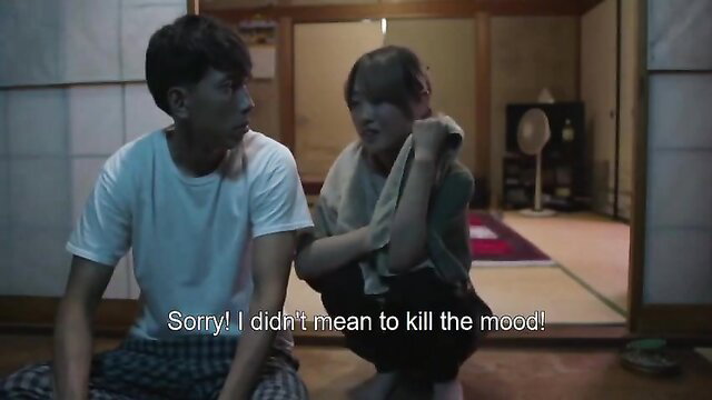 Asian twink guy apologizes to cute young woman in steamy JAV bedroom scene