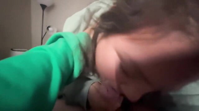 Milf in green sweater grabs face for intense deepthroat blowjob challenge