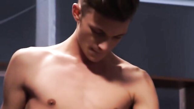 Hot shirtless twink guy with undercut flexing abs in gay porn thumbnail