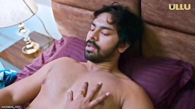 Handsome Indian man shirtless on bed in Love Guru Ullu hot scene