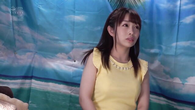 Japanese married woman in yellow off-shoulder top, beach backdrop JAV massage tease