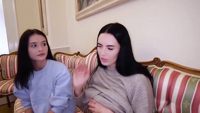 Two stunning Western beauties in cozy sweaters on couch, JAV creampie scene