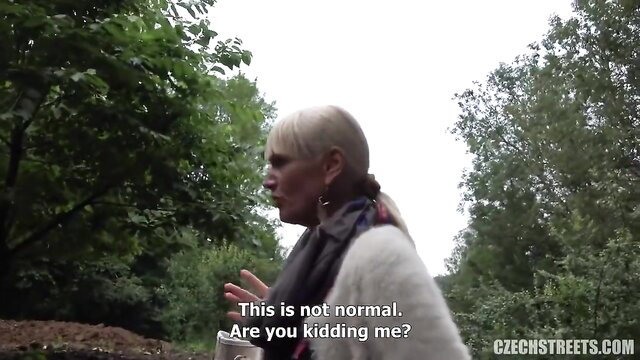 Blonde MILF tour guide in Czech Streets shocked outdoor public sex tease
