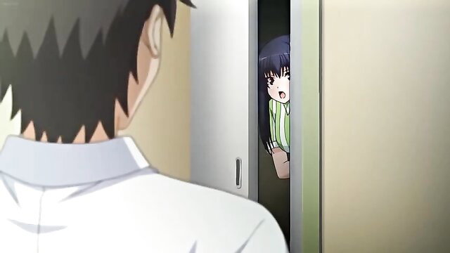 Anime hentai girl peeking from door in green dress, konbini store manager tease