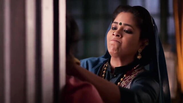 Indian mature woman in blue saree, closeup pout face BDSM gagged thumbnail
