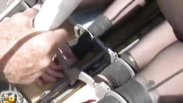 Bondage sub bound to bike machine fucked by pistons in BDSM