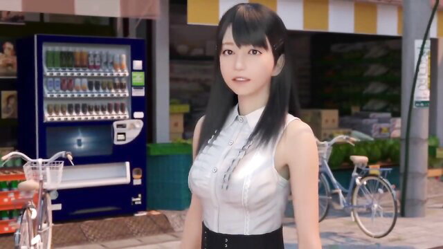 Sexy Japanese NEET girl in tight white top and skirt by vending machine