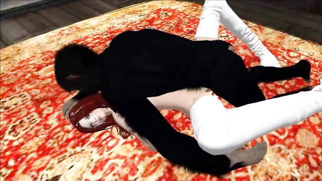 Redhead hentai girl fucked by furry monkey man in white stockings