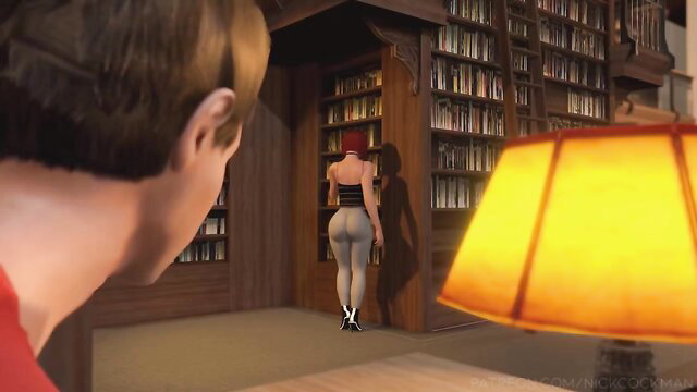Redhead hentai babe in tight leggings bends over in library