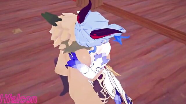 Genshin Impact hentai fox girl groped by furry beastman in steamy embrace