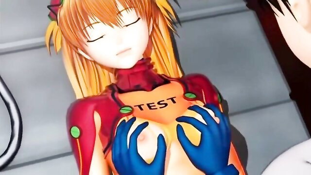 3D Hentai redhead Asuka in plugsuit groping huge tits closeup