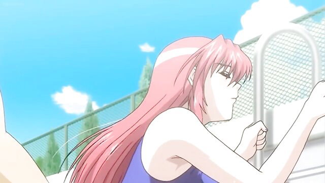 Pink-haired hentai anime girl in blue tank top on sunny tennis court