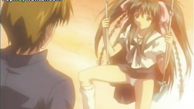 Anime hentai teen on swing flashes panties outdoor with guy