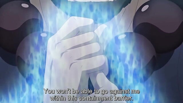 Glowing hands in blue containment barrier hentai scene