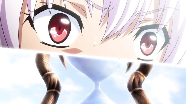 Kyonyuu Fantasy hentai girl with red eyes holding hourglass close-up