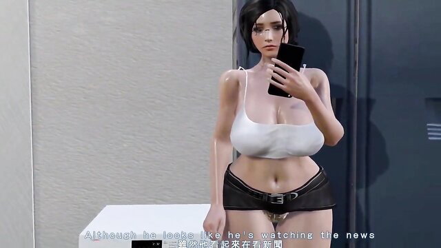 Busty Asian hentai girl in tight tank top and shorts takes selfie