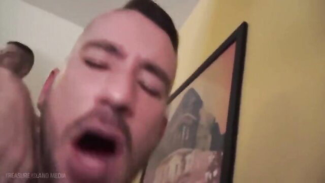 Bald muscular man moaning in intense gay gangbang raw sex