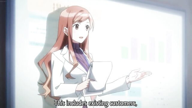 Redhead anime office lady in lab coat gesturing, XL Joushi hentai