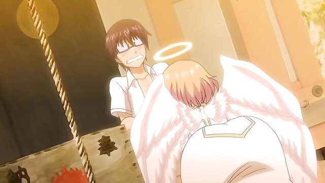 Blond angel girl with wings bent over by smiling guy in hentai Nuki Doki Revolution 2