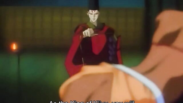 Anime hentai demon lord in red robe points menacingly, Injuu Seisen Twin 7-8