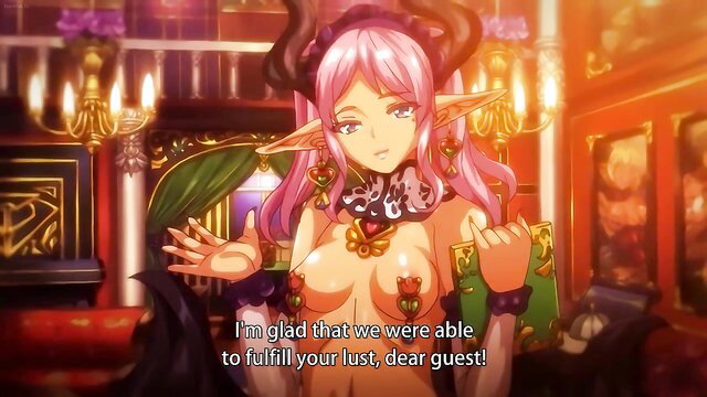 Pink-haired elf demon girl with huge tits in seductive pose from Youma Shoukan