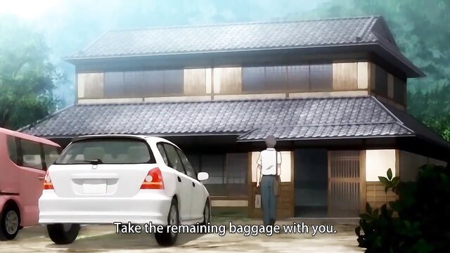 Anime hentai guy with baggage at traditional Japanese house entrance