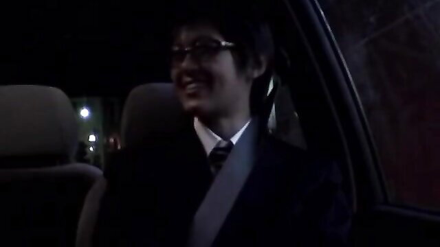 Asian guy in suit smiling in car POV gay blowjob thumbnail