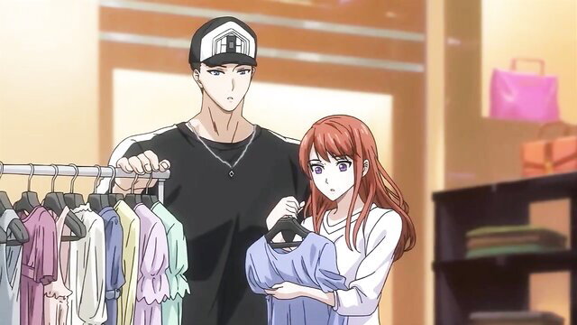 Tall handsome guy and cute redhead childhood friend shopping intimately in store