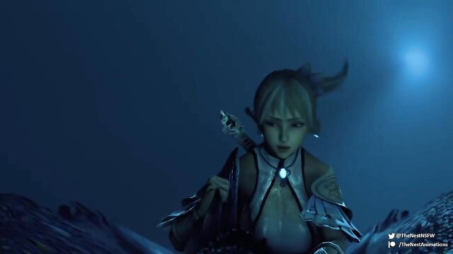 Blonde elf girl with bow in dark fantasy hentai scene