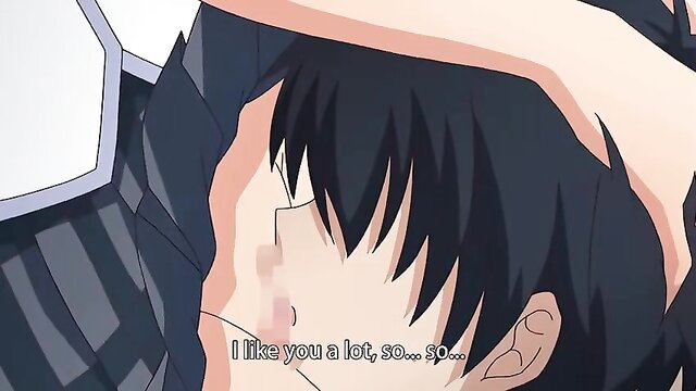 Anime hentai girl hugs shy black-haired boy, confessing 'I like you a lot'