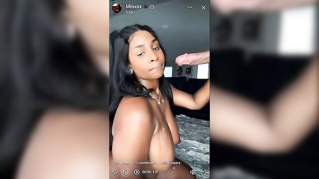 Minxxx ebony babe topless teasing huge cock closeup