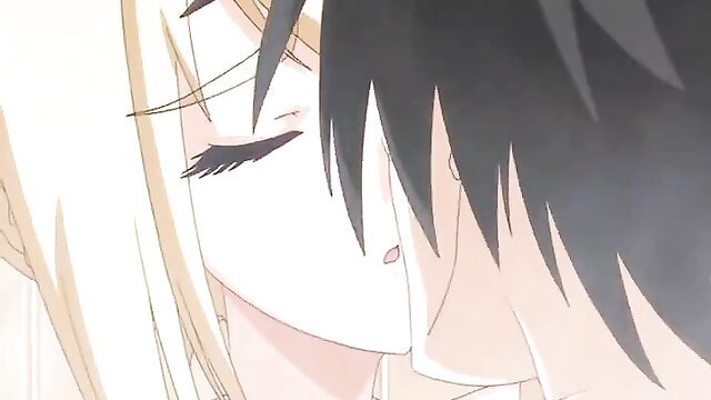 Anime hentai couple close-up kiss, blonde girl and black-haired guy from Princess Lover!