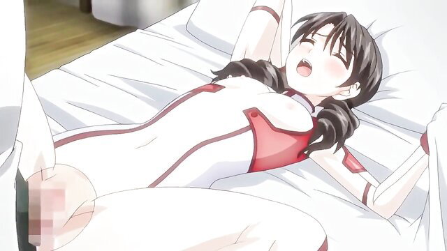 Hentai girl in tight bodysuit creampied on bed, moaning in ecstasy