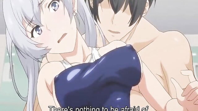 Anime hentai girl with silver hair embraced by nude guy, intimate hold