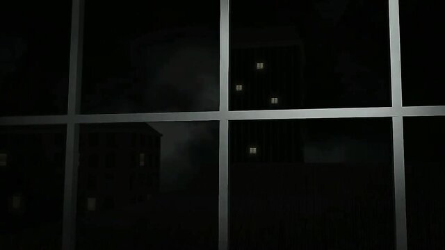 Dark hentai housewife peeking through window at night skyline