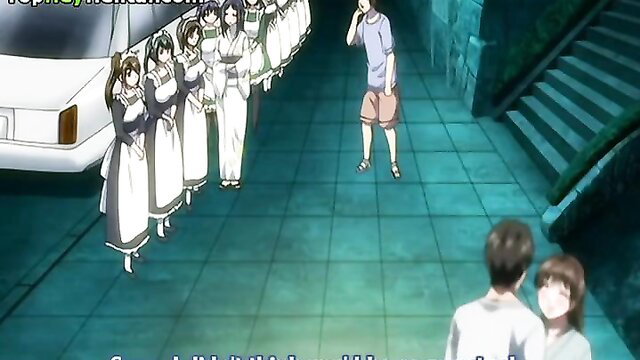 Hentai maids in uniforms line up with man and girl in anime scene