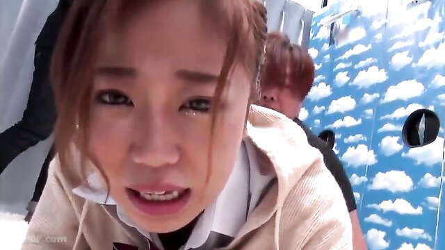 Asian schoolgirl in hoodie cries as man gropes her in BDSM stall