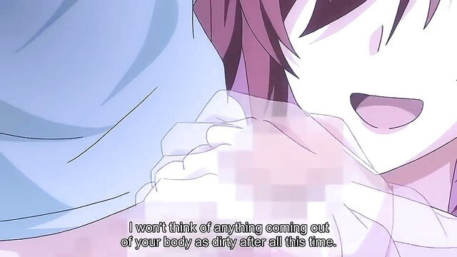 Anime hentai girl with red hair smiles as hand gropes her censored breast