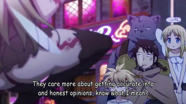 Ishuzoku Reviewers hentai group with catgirl, angel, elf in neon bar scene