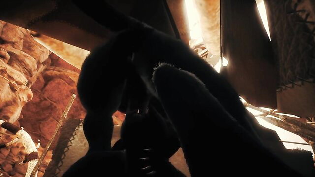Wild furry hentai beast fucking from below in dark cave
