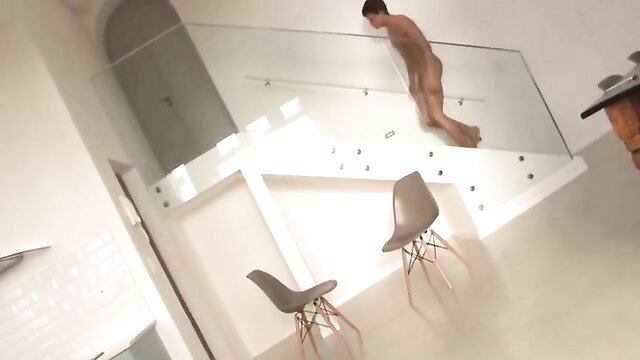 Nude Asian twink boy walking upstairs naked, hot gay solo tease