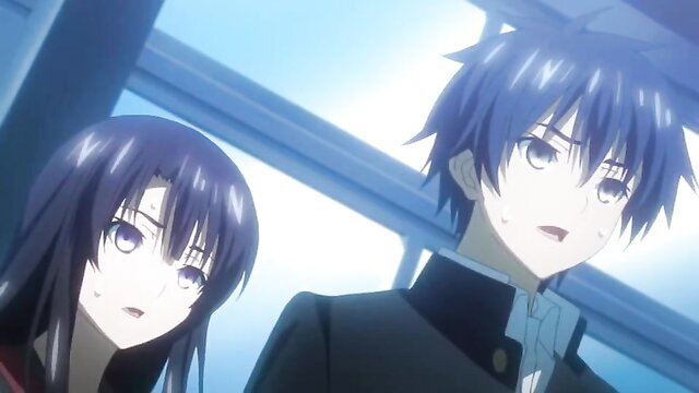 Blue-haired anime girl and boy gazing up in tentacles hentai scene