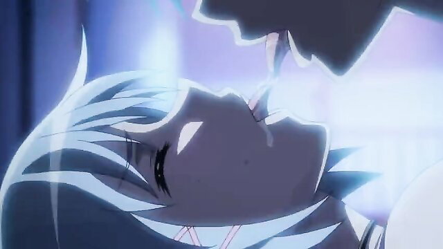 Anime hentai couple in tropical kiss, blue hair girl passionately kissing