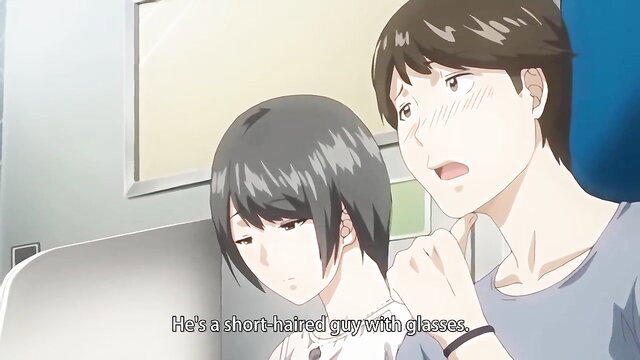 Short-haired Japanese girl and guy in glasses flirt intimately in hentai scene