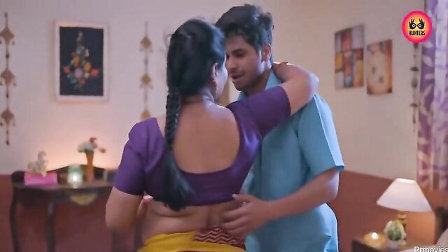 Indian couple in saree embrace, busty wife hugged from behind passionately