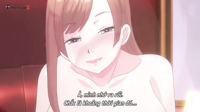 Excited anime girl with long brown hair smiling nude in hentai scene