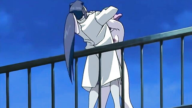 Anime hentai girls in lab coats embracing on bridge, Zoku Gosenzo San